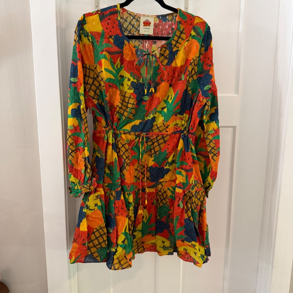Farm Rio Fruit Salad Long Sleeve Mini Dress Cotton L NWT Maximalist Boho